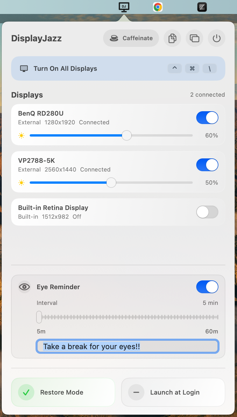 DisplayJazz menu showing three displays with power and brightness controls